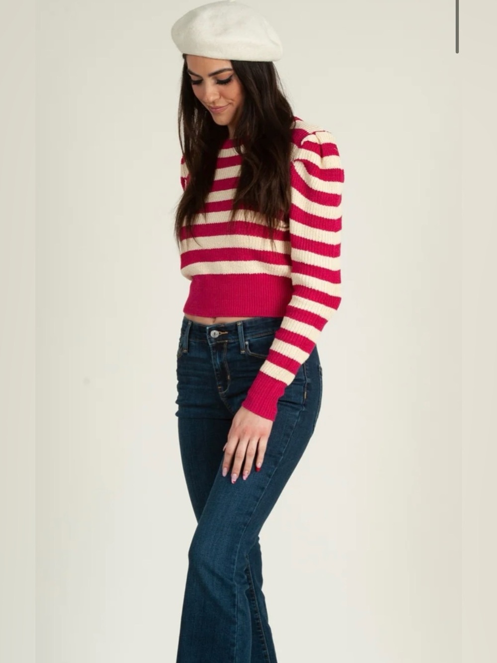 Lucca Couture Pink & Cream Striped Cropped Puff-Sleeve Sweater